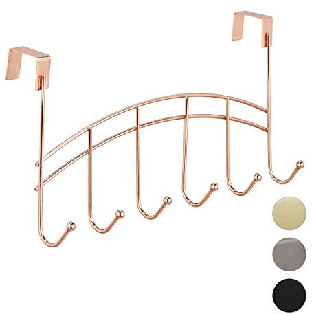 Relaxdays Türgarderobe, geschwungene Türhakenleiste zum Einhängen, 6 Haken, stumpfe Türen, Metall, 21x40x10,5cm, kupfer