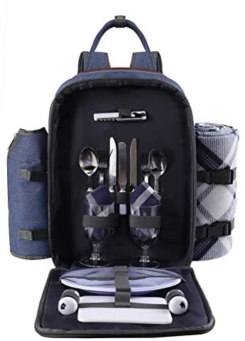 ALLCAMP OUTDOOR GEAR Picknickrucksack für 2 Personen Set mit abnehmbarer Flasche/Weinhalter, Fleecedecke, Teller und Besteckset (Blau)