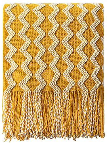 NTBAY Acrylic Knitted Throw Blanket, Lightweight and Soft Cozy Decorative Woven Blanket with 18 cm Tassels for Travel, Couch, Bed, Sofa, 130x170 cm, Mustard Yellow Wave
