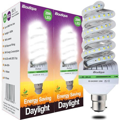 iBoutique 20W Bayonet (B22) Energy Saving Light Bulb Equivalent Output 150 Watts (2-Pack) for SAD Sufferers, Snooker, Pool, Hobbies, Crafts, Photography, 20 W, Daylight White IB-SADB001-2PK
