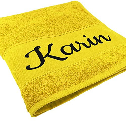 Handtuch mit Namen oder Wunschtext Bestickt, personalisiertes Duschtuch, individuelles Badetuch, 100% Baumwolle, 180 x 100 cm gelb