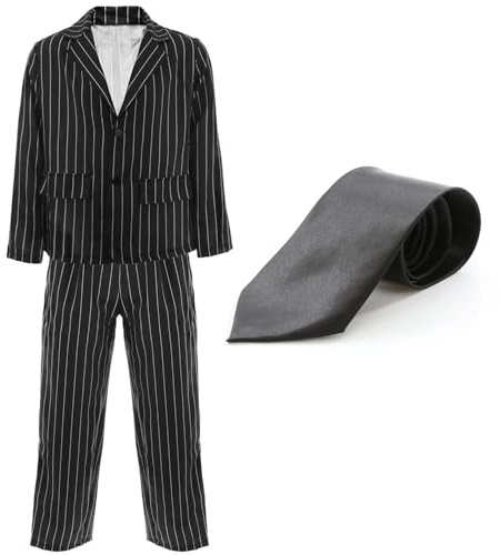 Adults Gangster Costume - Black Pinstriped Suit Jacket + Trousers + Black Tie - Mens 1920s Gangster Fancy Dress Costume (Medium)