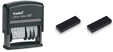 Trodat Printy 4817 Wortbanddrehstempel, Datum plus 12 Texte, Abdruck schwarz, 47 x 4 mm & Ersatzkissen 6/4817 für Printy 4917, 4813, 4817, 4812 und 48313 – Stempelfarbe schwarz, 2er-Pack, 694651