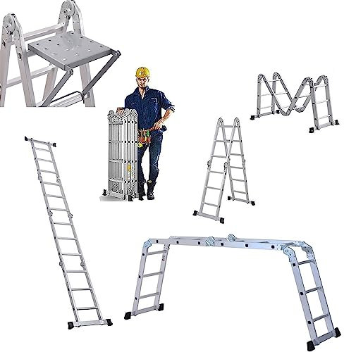 7-in-1 4.7m Folding Step Ladder, Max Load 330 Lbs, Heavy Duty Multi-Purpose Aluminium Ladder with Safety Locking Hinge, Heavy Duty Straight Ladders with Anti-Skid Texture for Home