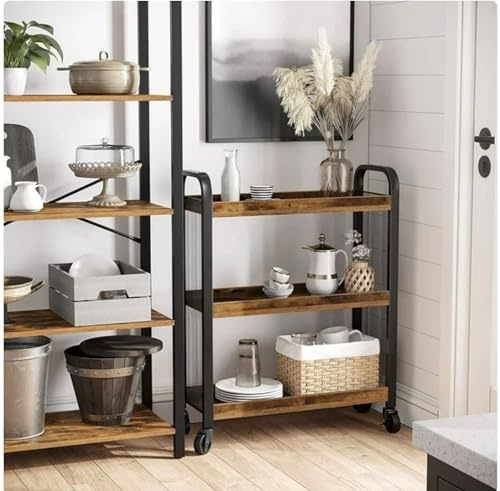 FEFE Kitchen Trolley Rolling Cart Serving for Drinks with Premium Quality Storage Space-Saving on Wheels Steel Structure 66x26x85cm, for Kitchen, Living Room Wooden Brown