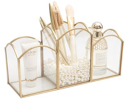 HARLIANGXY Makeup Brush Holder, Vintage Cosmetic Brush Storage, Cosmetic Brushes Holder, Cosmetic Organiser Gold, Glass Makeup Container for Dressing Table, Bedroom