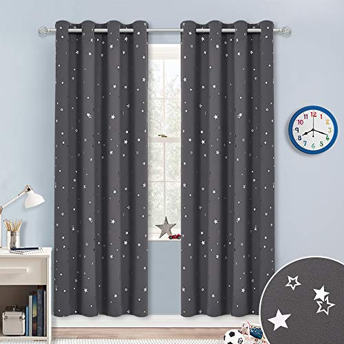 PONY DANCE Star Foil Printed Kids Curtains, Grey, 46x72 Inch | Eyelet Blackout Boys Curtains for Nursery & Bedroom, Thermal Insulated & Noise Reducing, Privacy Protected, 2 Panels
