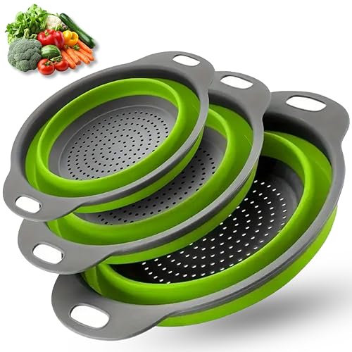 Collapsible Colander Set of 3, Silicone Kitchen Strainers with Handles - Foldable Silicone Rice Sink Colander Perfect for Draining Pasta, Vegetable,Fruits (10+11.4 + 13.4 inch)