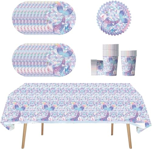 Vajilla de fiesta de sirena azul, que incluye platos de cartón, vasos de cartón, manteles, servilletas, ideal para decoraciones de sirenas, cumpleaños infantiles y baby showers