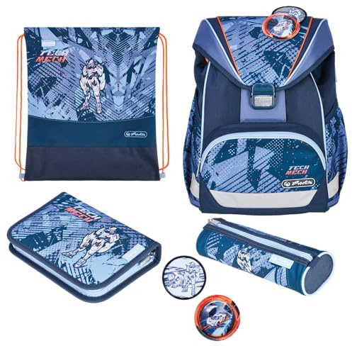 herlitz Schulranzen Set 6-teilig Tech Mech Ergonomische Ultraleichte Schultasche 1.Klasse Junge Mädchen Kinder 16 L, Blau