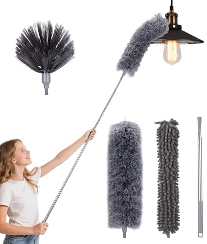 Bixury 4 pezzi Spolverino cattura polvere microfibra Duster pulizia spolverino telescopico estensibile spolverino telescopico estensibile 280 cm per pulizia soffitto ragnatele ventilatori (grigio)