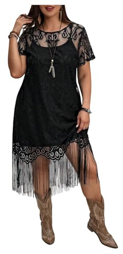 BEAUDRM Women's Plus Size Western Dress Lace Boho Fringe Cowgirl Outfits Black X-Large Plus