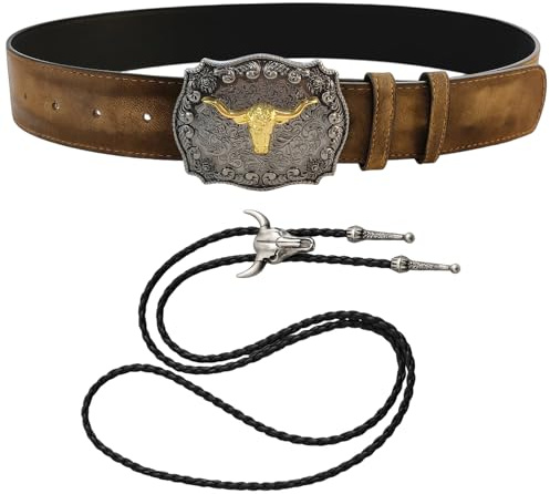 SrgPui Cowboy Belt, 2-Piece Western Belt Set for Men with Adjustable Leather Belt and Classic Cowboy Necklace, Brown Cowboy Accessories for Daily Wear and Special Occasions