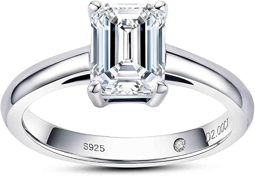 aomoso Damring - 2CT Solitaire Moissanite Ring - med certifikat, silver 925, smaragd Moissanite storlek, färg D, klass VVS1, lämplig för: Datum/varje dag/bröllop/födelsedag