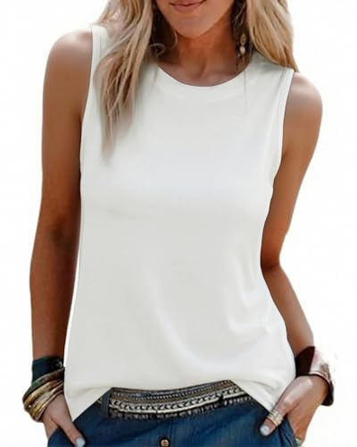 PASUDA Camiseta Sin Mangas Mujer Verano Holgado Camisetas Tirantes Cuello Redondo Top Impresión Tank Top Basico Ropa Elegante Túnica Casual Chalecos (Blanco-Color Puro, S)