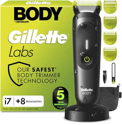 GilletteLabs i7 Body + Intimate Hair Trimmer for Men, with 3 Combs | Precision Body & Pubic Hair Trimming, SkinFirst Tech, Waterproof, Charging Stand, Shower Hanger, Pouch, 100-Min Runtime