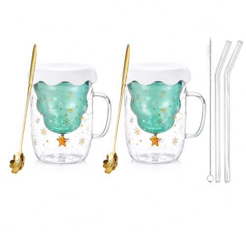 2 Pack Double Walled Coffee Glasses Mugs, 300ml Borosilicate Heat Resistant | Christmas Cappuccino Latte Mugs Ripple Double Layer Glass Mug Cup with Spoons and Straw for Home Cafe Office