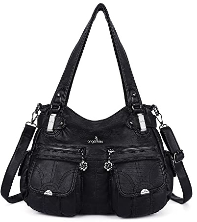 Angelkiss Women's Designer Handbag Large Double Zipper Multi Pocket Washed, Black
