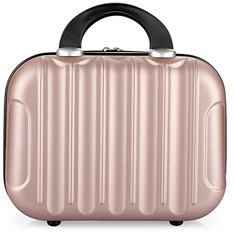 BSTKEY Portable Makeup Travel Case, Hard Shell Cosmetic Case Hand Luggage Organizer, Mini ABS Carrying Suitcase with Elastic Band, Rose Gold, Mini
