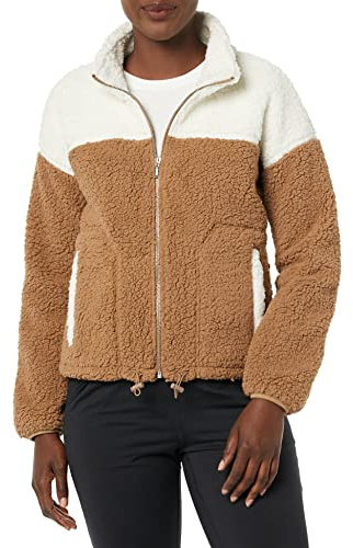 Amazon Essentials Women's Long Sleeve Fleece Zip-Up Sherpa Lined Jacket with Stand Neck, Ivory Tan Shearling, Medium