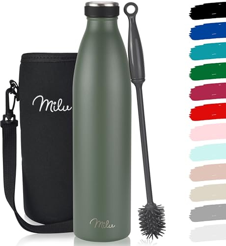 Milu Edelstahl Trinkflasche 350ml 500ml 750ml 1L 1,5L Thermosflasche Isolierte Wasserflasche Auslaufsichere Isolierflasche doppelwandig Kohlensäure geeignet – inkl. Reinigungsbürste (Olivgrün, 1L)