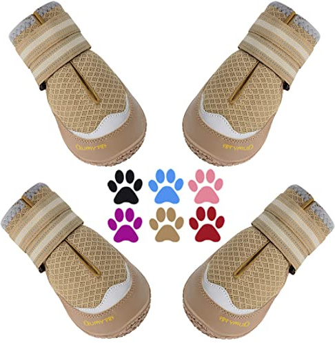 QUMY 4PCS Dog Boots for Large Dogs, Medium Dog Shoes & Paw Protectors for Hot Pavement, Summer Heat Protection, Mesh Breathable Nonslip Dog Booties for Hardfloors, Walking Running Hiking Khaki Size 7