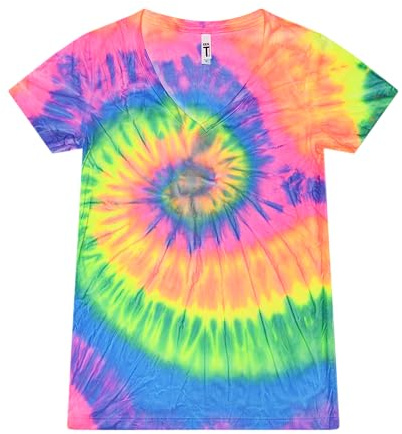 Colortone Short Sleeve V-Neck Tie Dye T-Shirts for Women, Neon Rainbow, Large