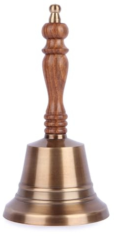 Super Loud Solid Brass Hand Bell with Antique Brass Finish with Wooden Handle - Handheld Multipurpose Call Bell with Clear Ringing Sound Perfect for Wedding, Church & Religious Ceremonies, 8x4