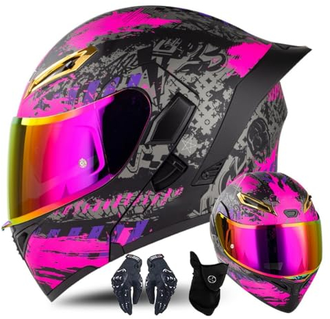 CNNGU Modularer Motorradhelm Mit Handschuhen Und Gesichtsschutz, Flip Up Helm Erwachsener Motorradhelm Mit Doppelvisier, ECE-geprfter Helm Fr Mnner Und Frauen, Rosa, DOT, ECE