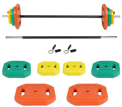 Plástico Barra de Pesas 20 kg,Set de Pesas con Barra, Discos de Colores de 5kg, 2.5 kg y 1.25 kg,Juego de Mancuernas de 30 20kg,Para Entrenamiento Fuerza y Brazos en 20kg(2x5,2x2.5,2x1.25)