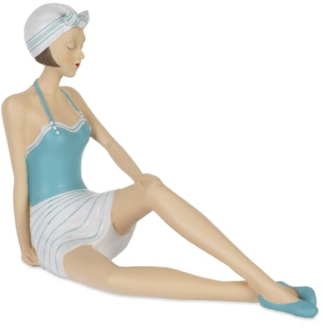 Figura decorativa de mujer en traje de baño retro de polirresina sentado turquesa blanco 19,5 x 7 x 15,5 cm – Figura marítima vintage para baño, salón, estantería o alféizar de ventana, decoración de