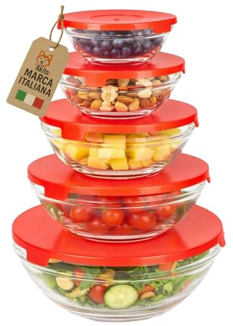 AKITAInk Set 5 Ciotole in Vetro con Coperchio Rosso - Contenitori Impilabili per Alimenti, Ideali per Frigo e Freezer