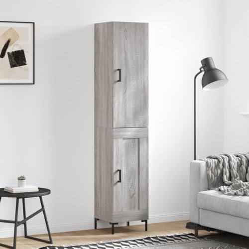YunCangg Highboard grå Sonoma trämaterial 34,5 x 34 x 180 cm med metallfötter, skänk och köksbuffé, förvaringsutrymme för vardagsrum och matsal, stabil förvaringslösning