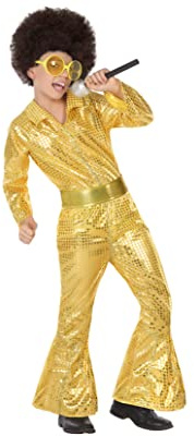 Atosa | Disfraz de Disco Años 70 Infantil | Traje Fiesta Retro para Niño | Diseño Mono Dorado | Incluye Mono y Cinturón | Ideal para Carnaval, Fiestas y Eventos Escolares | Talla 7-9 Años