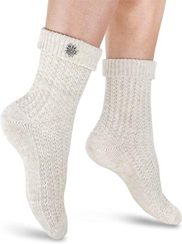 Circle Five 2 Paar Trachten Socken mit Edelweiß-Pin oder Knopf, Socken für Damen und Herren inSilber- oder Naturmelange Gr. 35-50 Farbe Naturmelange mit Edelweiß-Pin Größe 43/46
