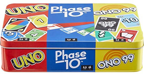 Mattel Games 3er Set Kartenspiele mit UNO, Phase 10 & ONO 99, Reisespiele für Kinder & Familiennacht mit Aufbewahrungsdose (Amazon Exclusive)