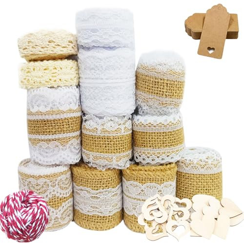 Juteband mit Spitze,12 Rolle Spitzenband Weiß Vintage,Juteband Natur Vintage Spitzenband Vintage Spitze,Vintage Basteln Jutebänder Sackleinen Band Rolle für Tischdeko Basteln Geschenkband DIY Handwerk