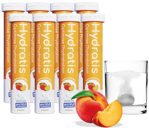 HYDRATIS - Pastilles Effervescentes Pêche - Optimise l'Hydratation - Riche en Minéraux - Faible en Sucre - Goûts Légers - Sport, Crampes, Récupération - 160 Pastilles
