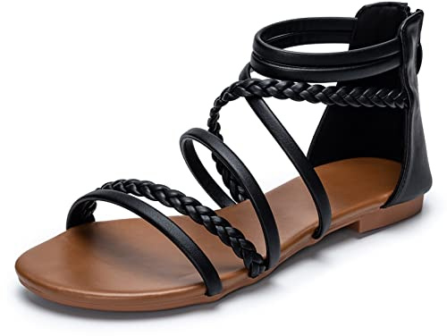 youngshow Gladiator Sandals for Women Cross Braided Strappy Sandals Womens Open Toe Dressy Summer Flat Sandals with Ankle Strap Zip Closure Holiday Beach Sandals Black