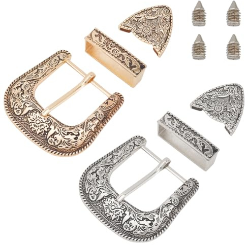 BENECREAT 2 Set Set Fibbia per Cintura 38mm Set Fibbia Western Cowboy 3 Pezzi Set Fibbia per Cintura in Lega Oro Antico/Argento 2 Stili per Sostituzione Cintura Uomo Donna