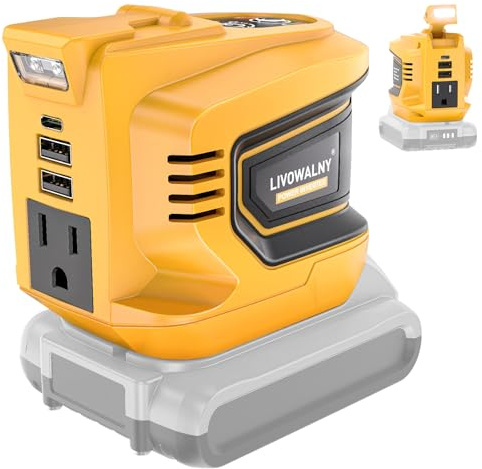 LIVOWALNY 220W-250W Power Inverter, Compatible with DeWALT 20V Battery, DC 20V to AC 110V-120V Portable Power Inverter, 1 AC Outlet, 2 USB Ports & 1 Type-C Port, Adjustable LED Work Light, (Tool Only)