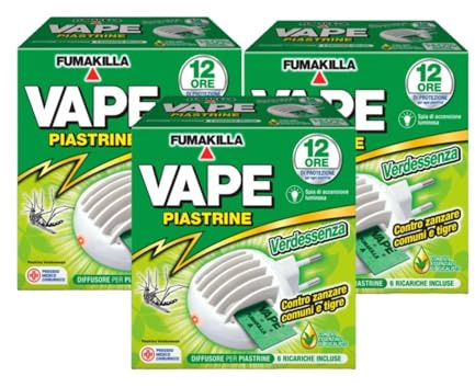Vape Diffusore Piastrine Antizanzare Comuni E Tigre Verdessenza Con 6 Ricariche Incluse (3 Unità)