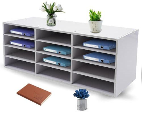 TkkMivcOC 12 fack brevsorterare arrangör, 4 våningar pappersorganisatör bricka, stora öppningar, fristående dokumenthållare för skrivbord kontorsmaterial, vit, 80 x 30,8 x 30 cm