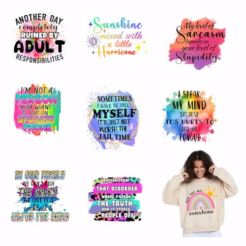 SUPERDANT 9PCS Funny Sayings Iron On Transfer Paper Colorful Heat Transfer Sticker Fun Text Iron on Decals Rainbow Quotes DTF Transfers Ready to Press for Clothing T-Shirt