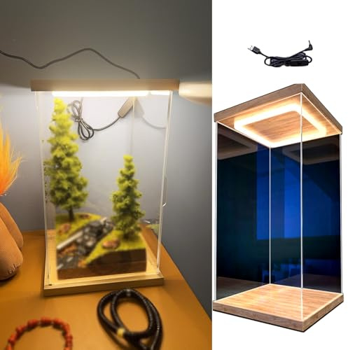 Vitrine en Acrylique Figurines de Collection à LED Grande Vitrine En Acrylique, Antipoussière Éclairage Vitrine de Rangement avec Base en Bois, Très Grande Boîte Transparente pour Bibelots(15x15x25cm/