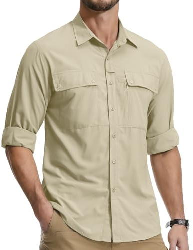 Jessie Kidden Mens Safari Shirts Long Sleeve UV Protection Hiking Fishing UPF 50+ Quick Dry Cooling Camping Travel Shirts #5060-Khaki-M
