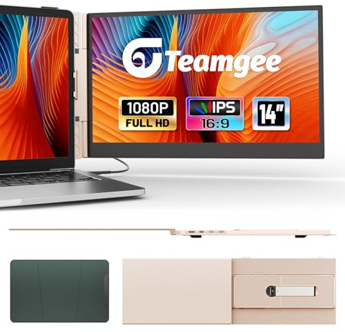 Teamgee 14,1 Laptop Bildschirm Erweiterung, 0,6kg Roségold Ultradünne Portable Monitor verstellbarem Drehständer, 1080P FHD Reisemonitor für 13-17,3 Laptops, Plug & Play für Mac/Winds/Samsung DEX