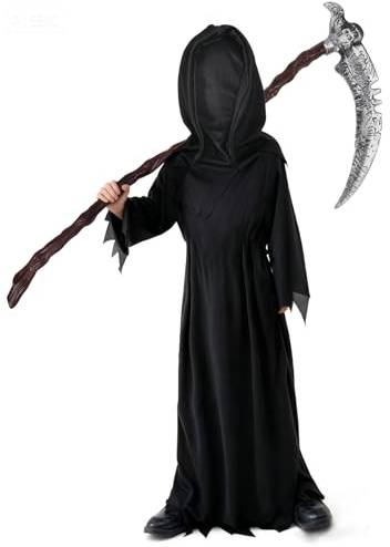 Kinwers DéGuisement Faucheuse Enfant,Noire Halloween Costume Garcon Faucheur Grand Faucille pour 125-135cm