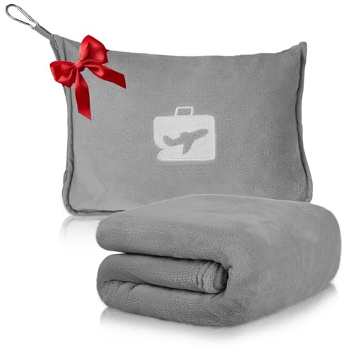 Caffney 2 in 1 Travel Blanket and Pillow, Soft Warm Airplane Blanket with Storage Bag Portable Enduring Quilt Airplane Blankets for Camping Office,Compact Foldable Flannel(grey)