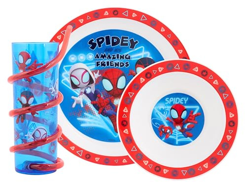 Marvel Spidey and Friends Glow 3pc Tableware Set – Includes Plate, Bowl, and Twisty Straw Tumbler Featuring Spidey, Trace-E, Ghost, and Miles Morales 48 Months UP, Blue & Red